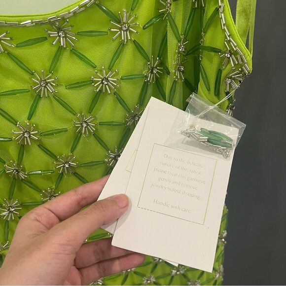 NWT Mac Duggal 10983 Neon Green Beaded Sleeveless Slip Mini Dress 8 - Picture 3 of 10